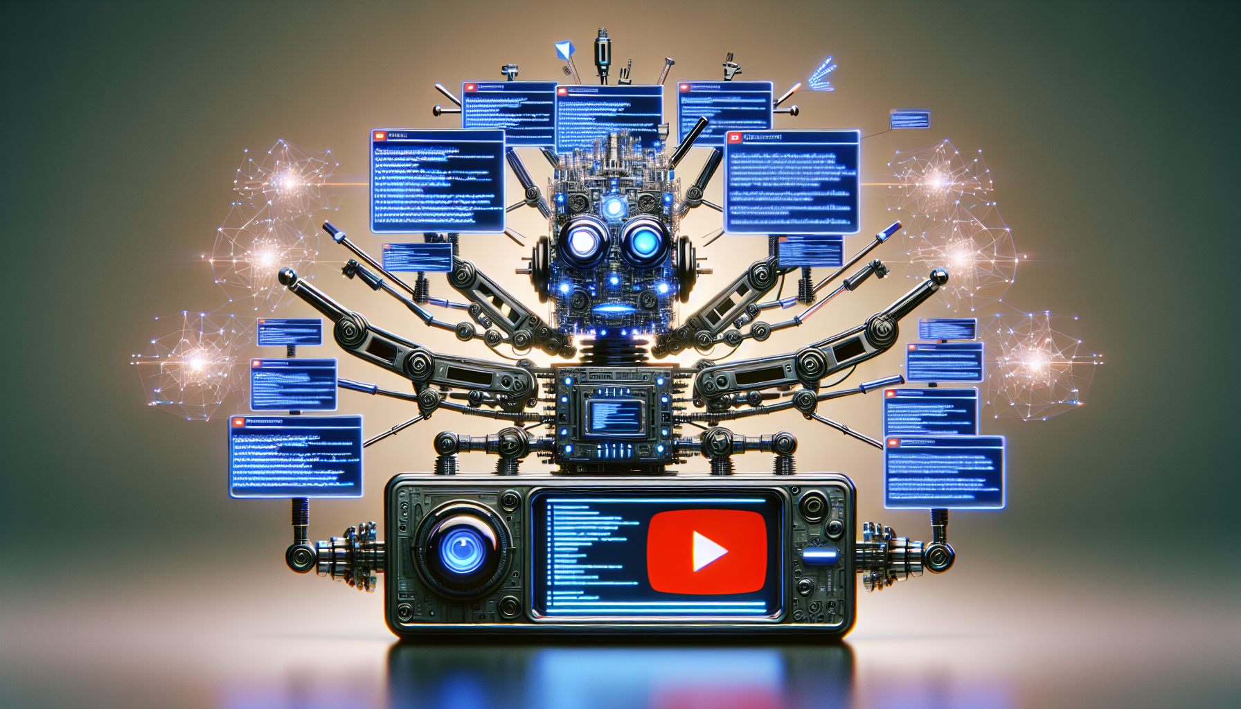 A conceptual illustration of an artificially intelligent machine reading and understanding YouTube comments. The AI machine is portrayed as a sleek, futuristic device with various high-tech elements like advanced screens displaying scripts, glowing nodes depicting data processing, and mechanical arms sorting through digital files representing YouTube comments. In the backdrop, the YouTube logo can be seen. Do not depict any specific comments on the screens, keep it abstract and non-offensive.