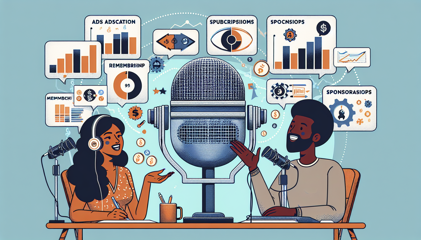 An illustrated image that depicts the concept of podcast monetization strategies. Picture a middle-eastern female and a black male holding a giant microphone in a recording studio. Charts and diagrams about different revenue streams such as ads, subscriptions, and sponsorships hanging on the wall. They are both engaged in a lively conversation about various podcast monetization strategies such as membership programs, crowdfunding, and live events.