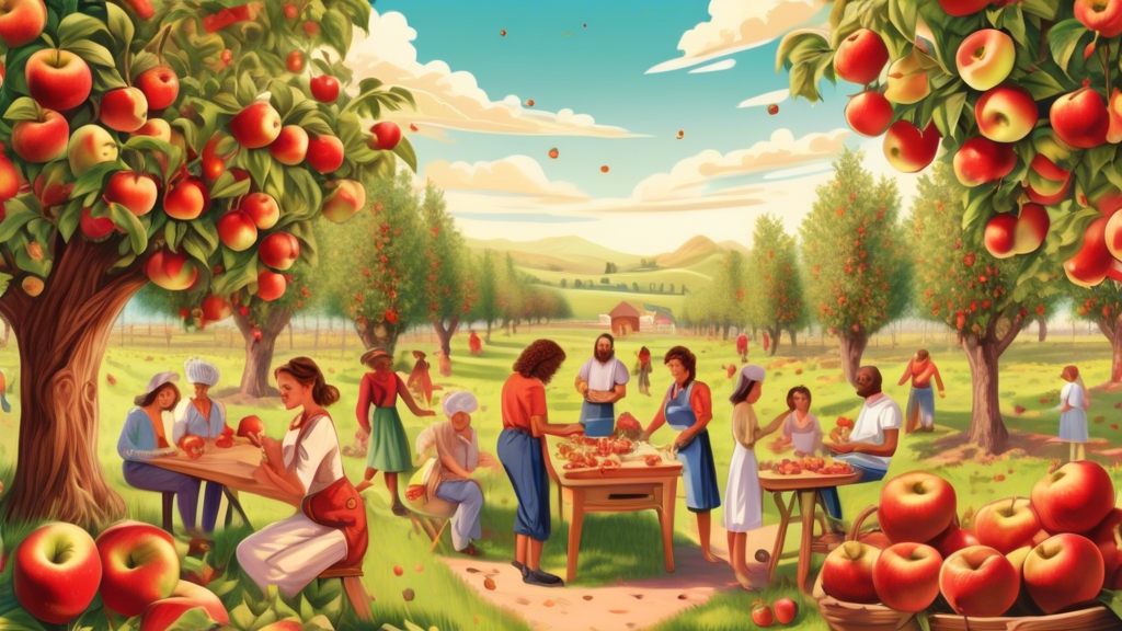 Detailed illustration of a vibrant apple orchard with diverse people enjoying the various benefits and uses of apples, from cooking and baking in the background, to health and beauty treatments in the foreground, all under a bright, sunny sky.
