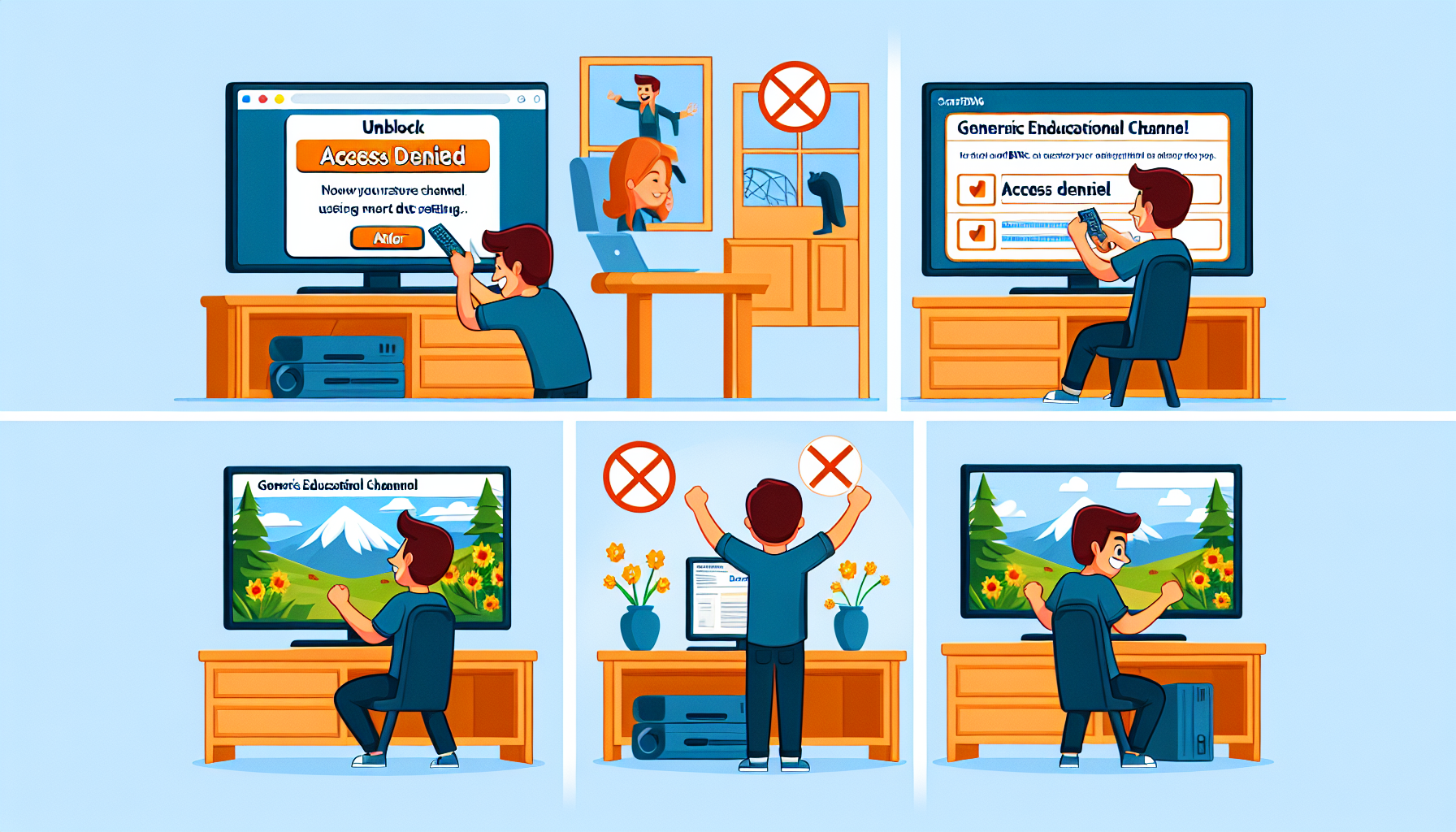 Create a step-by-step guide illustration showing how to unblock a generic educational channel using SmartDNS. It could begin with a person trying to access the channel, only to see an access denied message on their screen. Next step shows them from behind, sitting in front of their computer, searching for SmartDNS settings. The following scene can depict them making the necessary adjustments to their DNS settings. Finally, an elated depiction of the person, now able to access the channel, celebrating in front of the television showing a nature documentary.