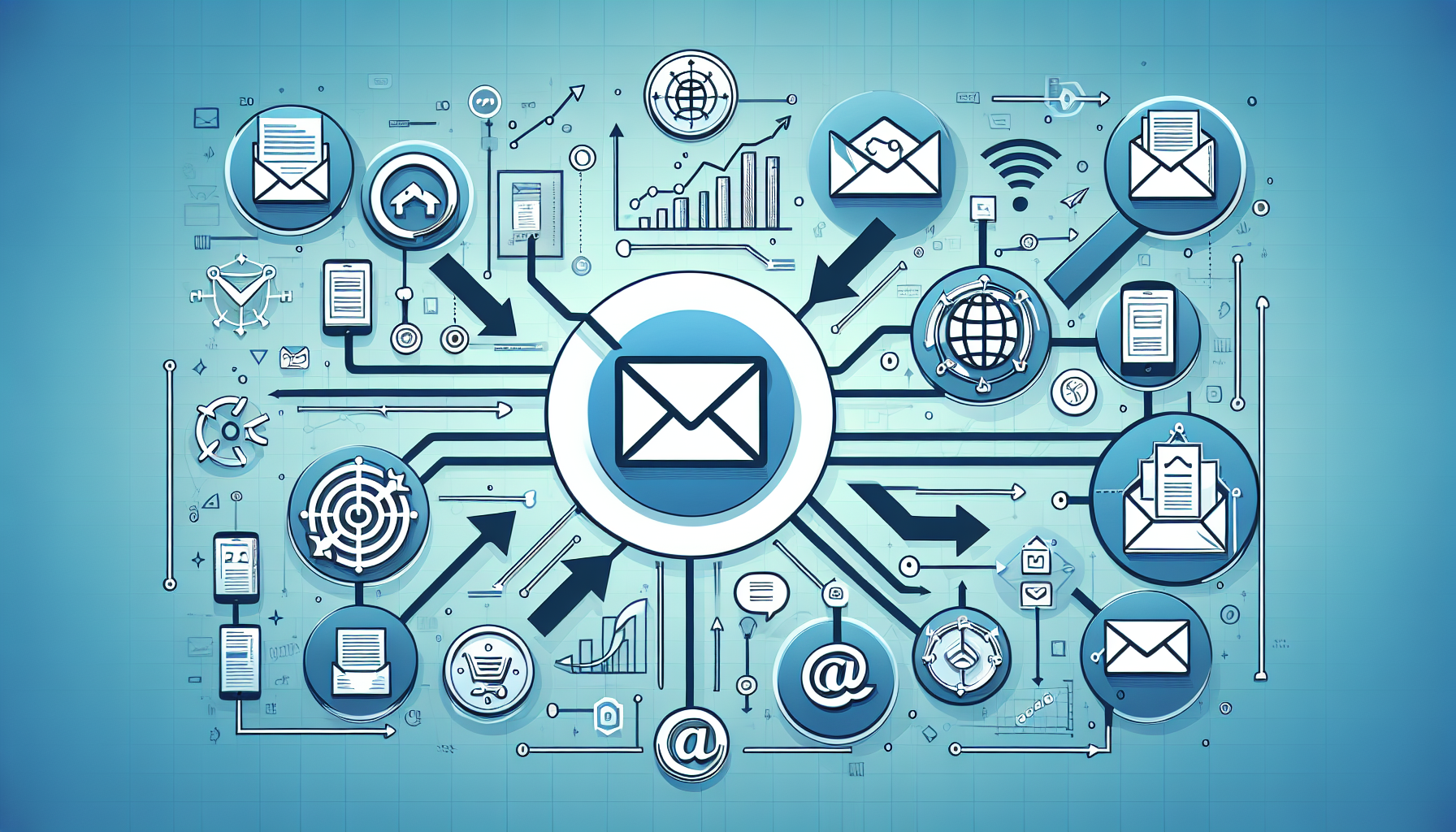 An illustrative representation of various strategies for mastering omnichannel email integration. Show a collection of interconnected icons that represent different digital communication platforms like social media, mobile messaging, and web, all leading to a central icon of an email. Depict arrows flowing between the icons to signify seamless integration. This image is set against the backdrop of a chart symbolizing increasing statistics, indicating the growth and success of the strategy over time.