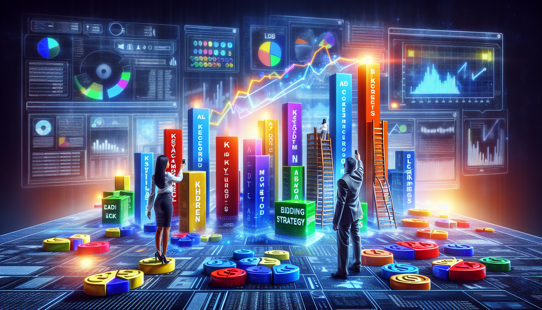 Conceptual visualization of mastering the art of Pay-Per-Click (PPC) campaign architecture. Multicolored pillars symbolizing different aspects of PPC such as keywords, ad creation, bidding strategy and conversion tracking. A South Asian woman and a Middle-Eastern man, both business strategists, placing these pillars strategically on a digital landscape to form a solid architecture with a ascending staircase leading towards a brightly lit goal at the top. The whole scene is filled with glowing numbers and analytics data in the background, emphasizing the analytics-driven nature of the process.