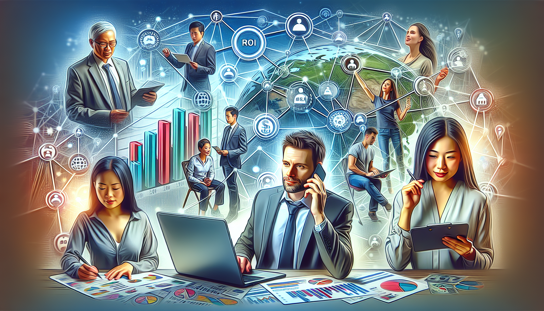 A vivid illustration visualizing strategies for expanding your affiliate marketing business. In the foreground, a Caucasian male digital marketer is seen working on a laptop while, in the mid-ground, a myriad of connections jostle out like a web, signifying different affiliate partners. On the right sits an Asian woman reviewing a sales report, showcasing growth. Beyond them, a Middle Eastern man is engaged in a business phone call, discussing potential partnerships. These key figures are surrounded by various marketing tools and symbols, such as bar graphs showing increasing trends, ROI percentage and a globe signifying worldwide reach.