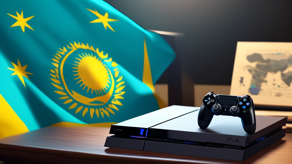 A PlayStation 4 console connected to a VPN network, with the flag of Kazakhstan and a step-by-step guidebook in the background, illustrated in a digital art style.