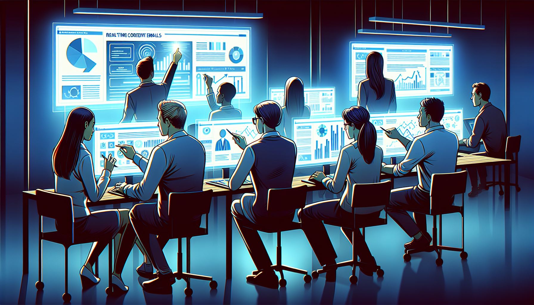 An illustration showing individuals of different genders and descents engaged with real-time content emails. They are seated in front of glowing computer screens, their focused faces bathed in the soft blue light. The emails might be detailed with vibrant graphics and infographics couriering important statistical data. The room setting could be a modern office space, with each person having an individual workstation. There should be evidence of active engagement, like an individual pointing at an interesting piece of data on their screen and another taking notes.