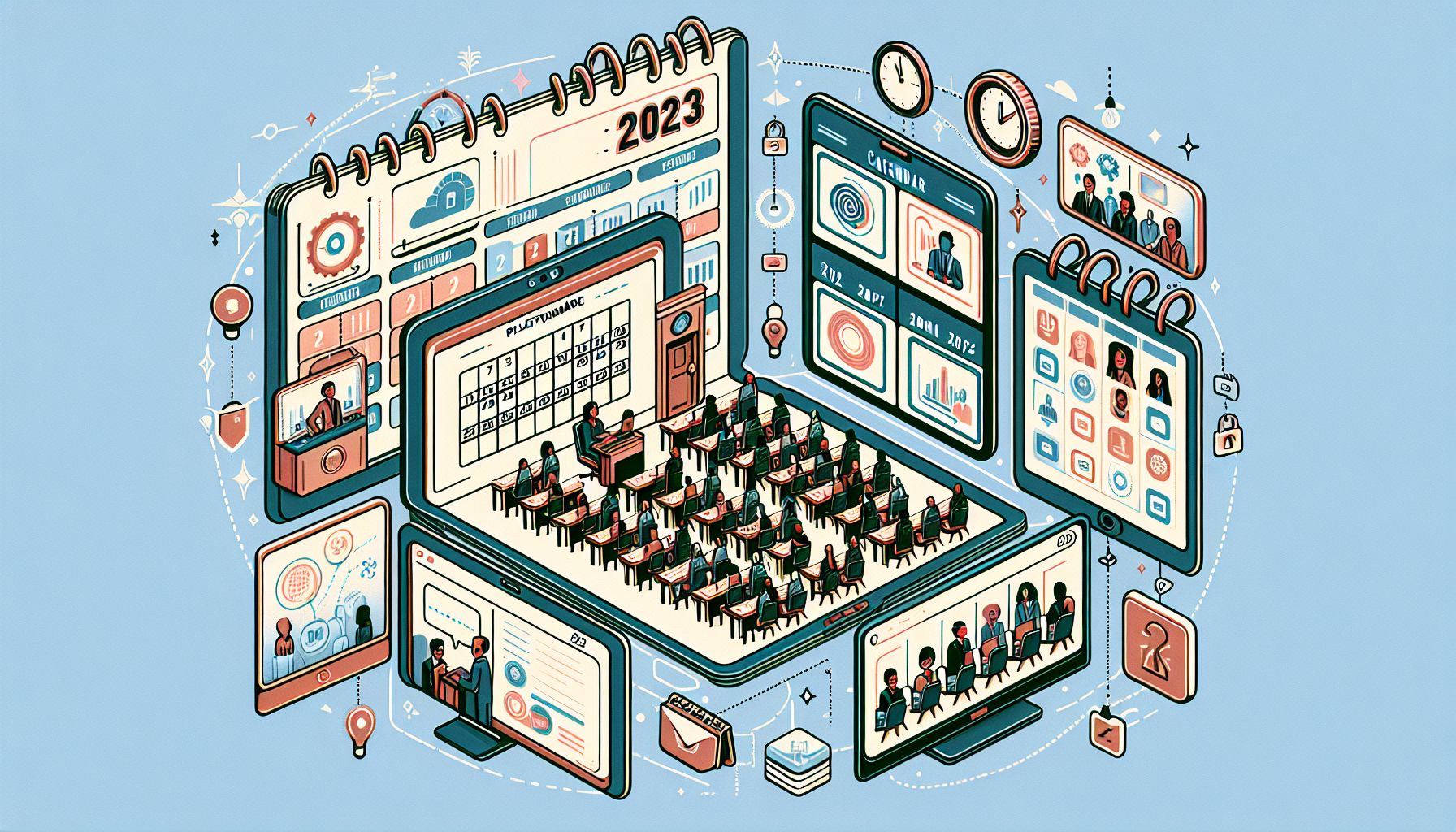 An illustrative design displaying various platforms for hosting webinars in 2023. The image contains symbols of a calendar and several screens showing different digitally created conference rooms filled with people of various races and genders participating in online meetings. The platforms are labeled but not linked to any specific brand or company. The overall tone of the illustration represents technology and future advancements.