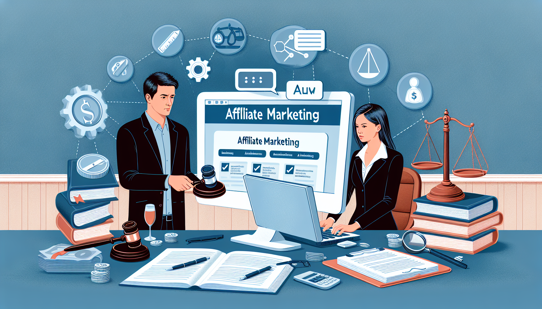 An illustration of a Caucasian male lawyer and a South Asian female digital marketer working together, surrounded by legal documents and digital tools representing affiliate marketing. They are reviewing and discussing compliance with legal regulations for affiliate marketing. On a computer screen, there is a website that is demonstrating the proper implementation of affiliate links. A balance scale and a gavel are also present in the scene indicating justice and law, overall symbolizing the blend of law and technology in affiliate marketing.