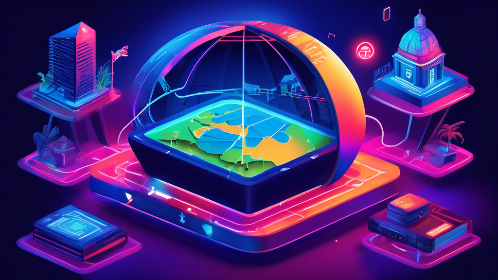 Colorful illustration of a sleek PS4 console connected to a globe representing Zambia through a secure, glowing VPN tunnel, surrounded by various national landmarks and symbols of internet freedom.