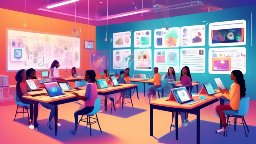 An illustration of a sleek, modern classroom filled with diverse students engaging in various creative tasks on their iPads, showcasing a myriad of apps and tools, with a holographic display above each iPad highlighting its unique features, tips, and tricks.