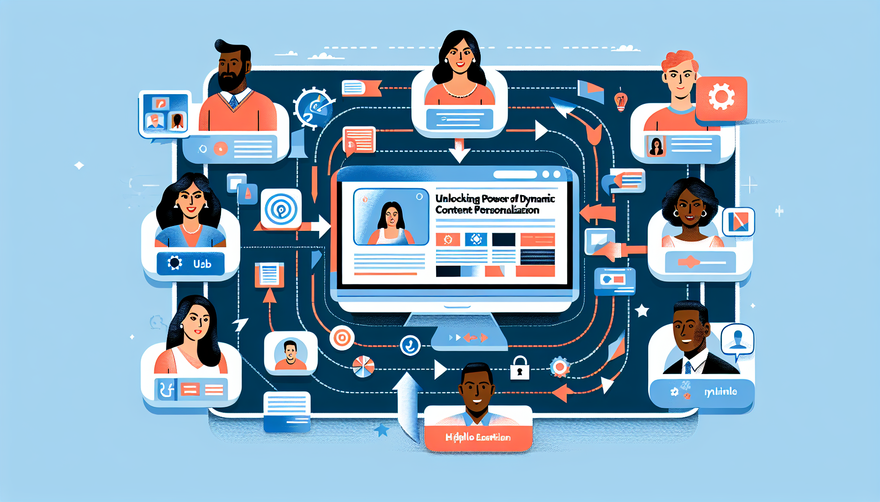 An infographic depicting the process of dynamic content personalization. The center should showcase a digital screen showing a variety of content items, adapting to the preferences of different users. Users represented by diverse icons including a South Asian female, a Black male, a Hispanic male, and a Middle Eastern female. Arrows going from the users to the digital screen depicting the flow of their preferences resulting in personalized content. The title 