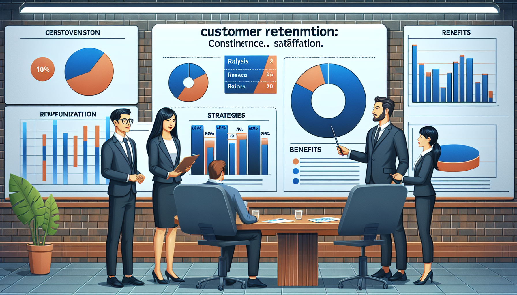 Create an image that visualizes customer retention analysis, strategies, and benefits. The scene should include a pie chart and bar graph to represent the data, alongside two business employees, an Asian woman, and a Caucasian man, discussing the metrics and strategies within a modern office. They should be brainstorming ways to improve their strategies for better customer retention, their expressions reflecting their dedication and determination. On the office wall, a poster should read 