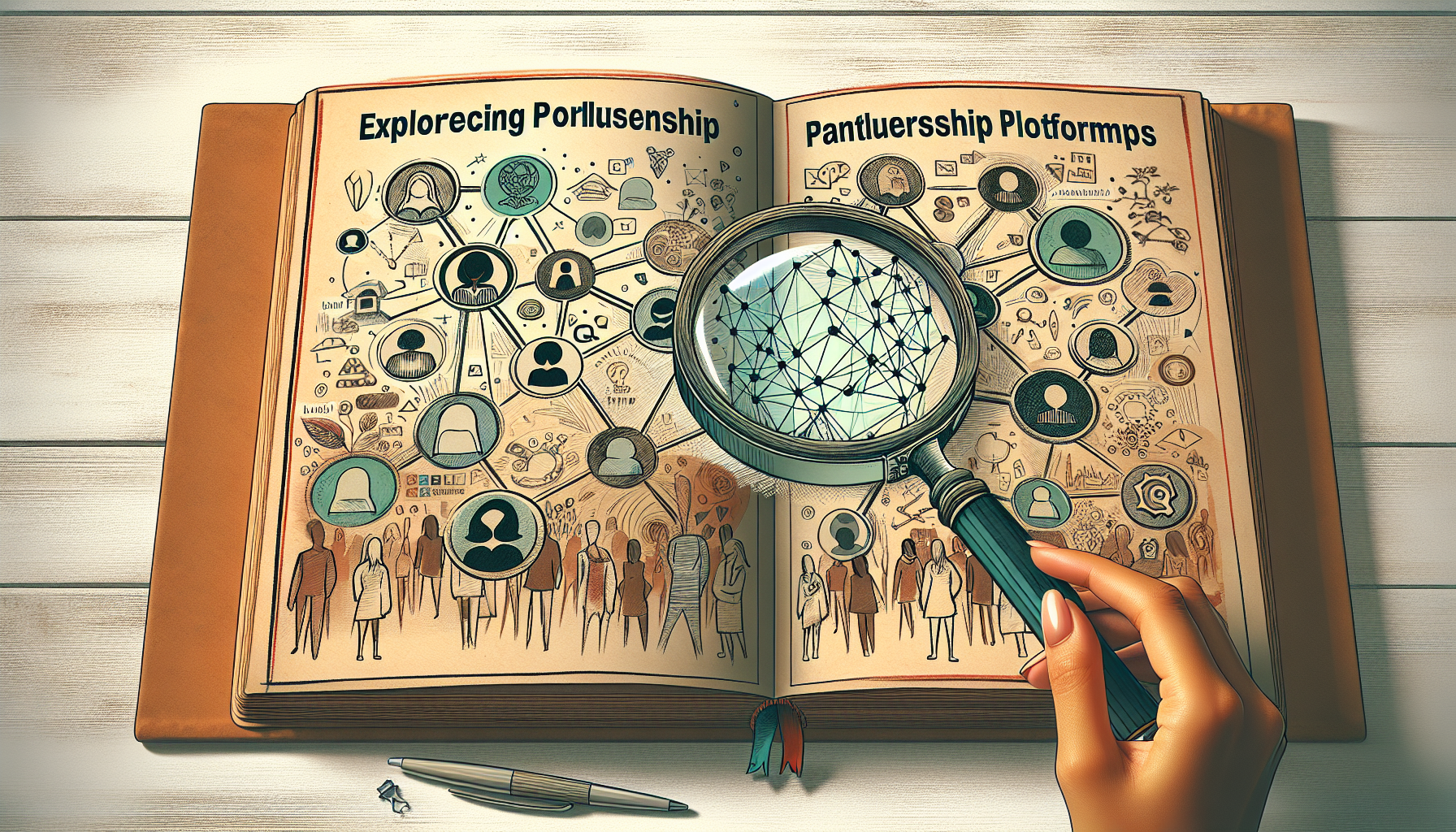 A visual representation of exploring influencer partnership platforms. This can be depicted as an abstract, illustrated guide book lying open with pages showing interconnected nodes symbolizing different platforms. On the left page, there could be a stylized magnifying glass hovering over a node, representing the idea of exploration. On the right page, various hand-drawn symbols of social media platforms can be scattered. The background could contain faint images of aspiring individuals of varied genders and descents looking intently, symbolizing potential influencers who are looking to build partnerships.