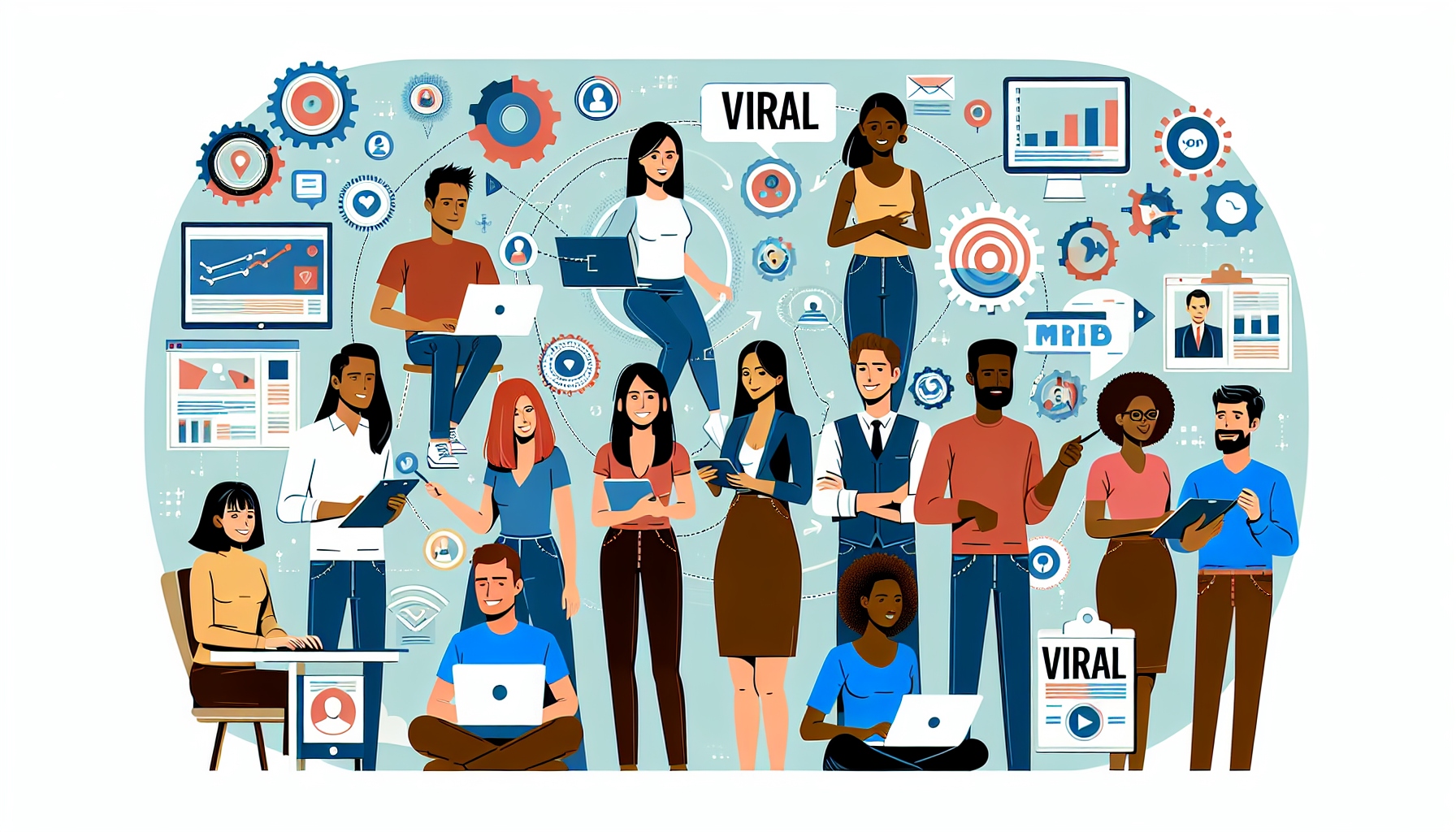An illustration showcasing a group of people who are experts in viral marketing. These persons are engaged in various activities related to their profession such as brainstorming, developing creative content, using laptops, and devices. Represent this team as a multicultural group including, but not limited to, a South Asian female concept artist, a Black male social media strategist, a Middle-Eastern female data analyst, a Caucasian male content writer, and a Hispanic female graphic designer.