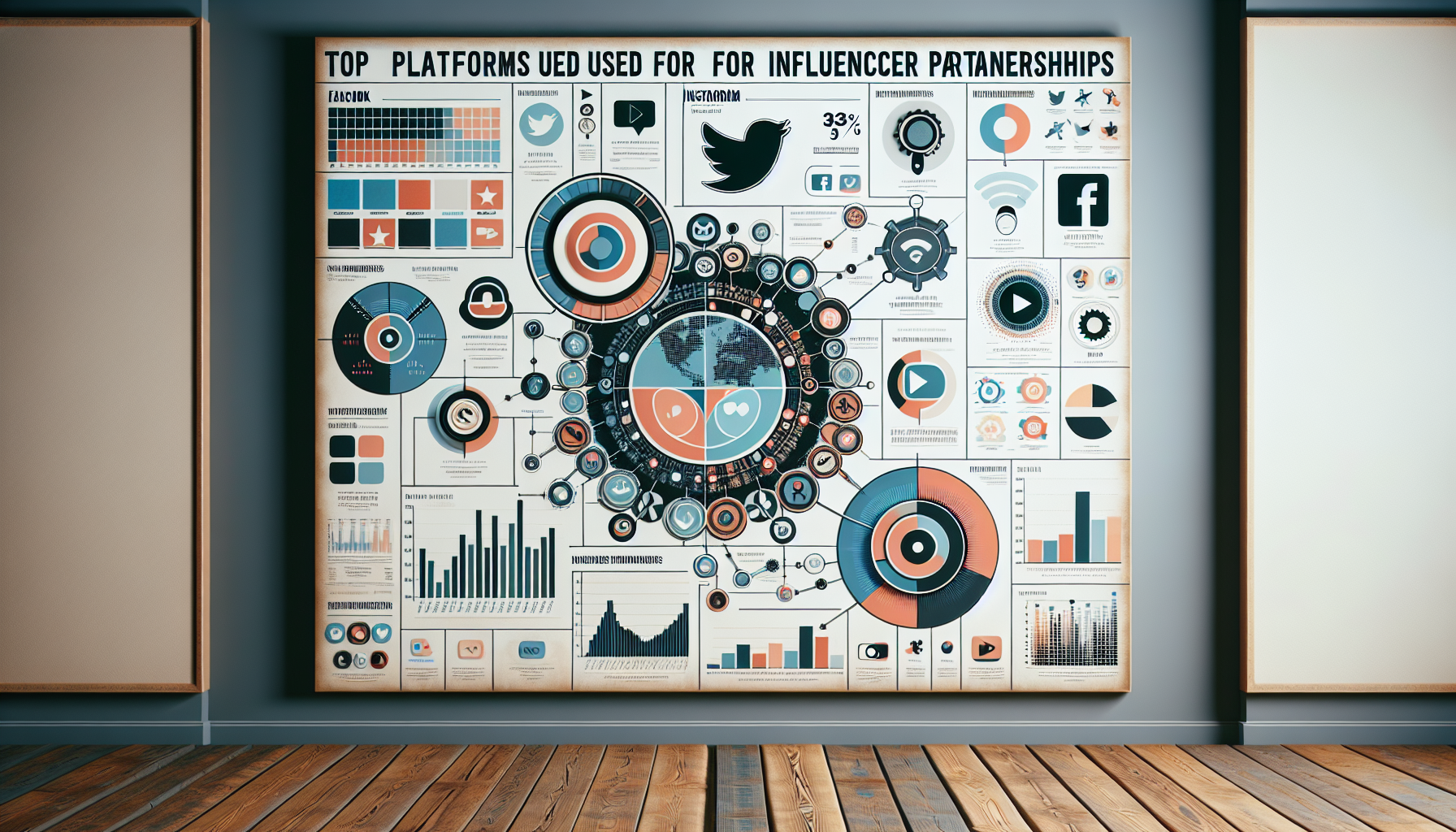 An image depicting the top platforms used for influencer partnerships. The display could include a graphic visualization or infographic showing popular social media platforms like Facebook, Instagram, YouTube, and Twitter. Elements of the platforms can be represented by recognizable icons or symbols associated with each platform - for instance, a bird for Twitter or a play button for YouTube. It can show statistical data, like the percentage of influencers using each platform, represented through pie charts or bar graphs. The color scheme can be neutral with pops of colors associated with each social platform.