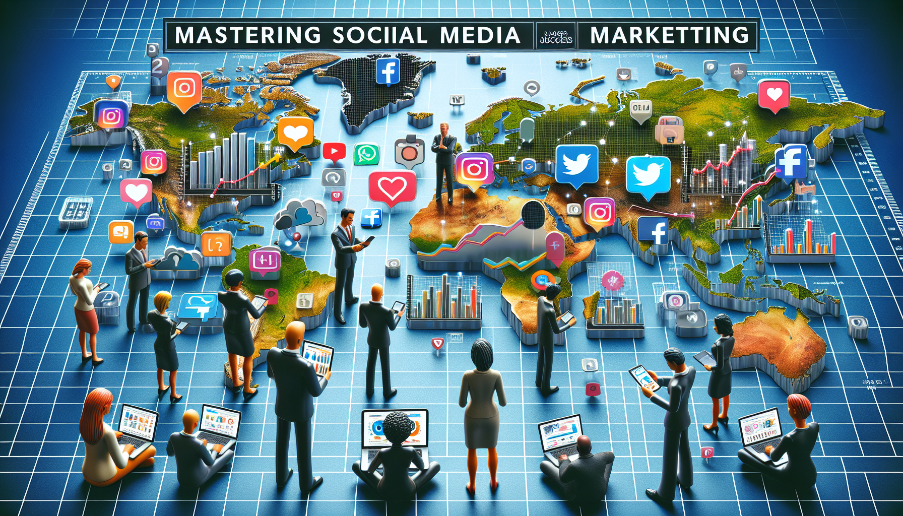 A detailed composition centered around social media marketing strategies. At the top, a bold title that reads 