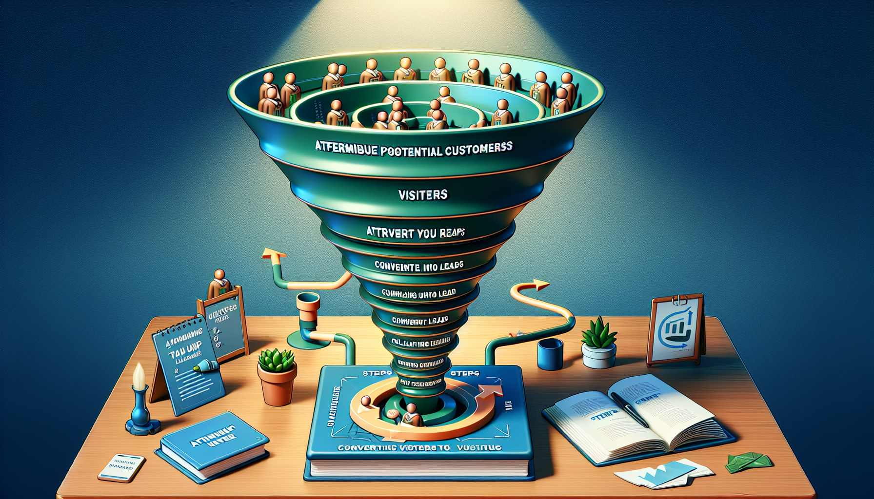 Visual representation of an effective affiliate marketing funnel based on a step-by-step guide. At the top, there is a wide section representing enormous potential customers. The funnel then narrows down, symbolizing the process of attracting visitors through high-quality content. Further down, the funnel represents steps to convert those visitors into leads by compelling them with valuable offerings. The bottom of the funnel depicts the final step where active engagement and follow-up result in conversion and a lasting customer relationship. The funnel is placed on a table with a book next to it titled 