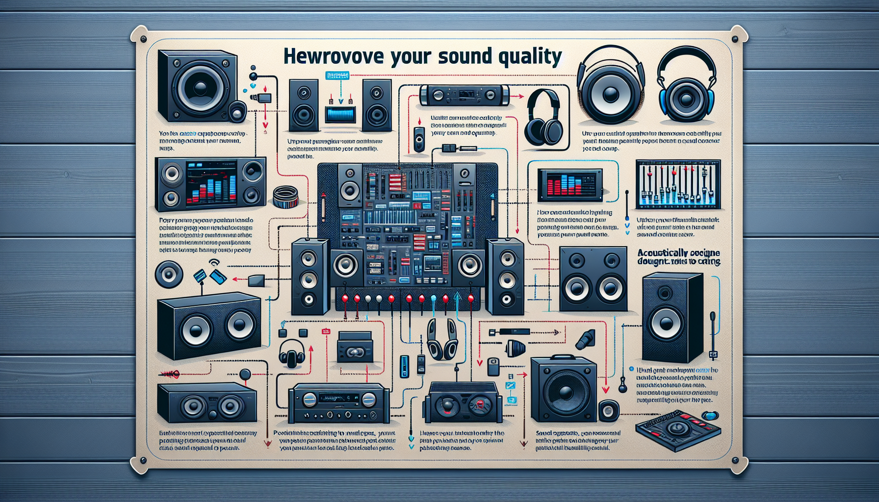 An educational diagram demonstrating different ways to improve your sound quality. It includes several sections showcasing various sound equipment including headphones, soundbars, and equalizers. Each section should contain short, concise tips and tricks like positioning speakers correctly, using high-quality cables, and adjusting equalizer settings for optimal sound. Highlight the use of acoustically designed rooms and the importance of reducing background noise. The overall tone should be friendly and informative, and the color scheme could be cool shades of blue and grey, indicating a professional and sleek environment.