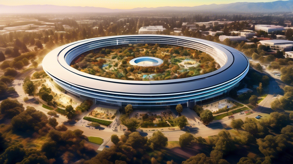 An artistic aerial view of Cupertino, showcasing iconic tech headquarters amidst a vibrant landscape, symbolizing innovation and the Silicon Valley spirit.