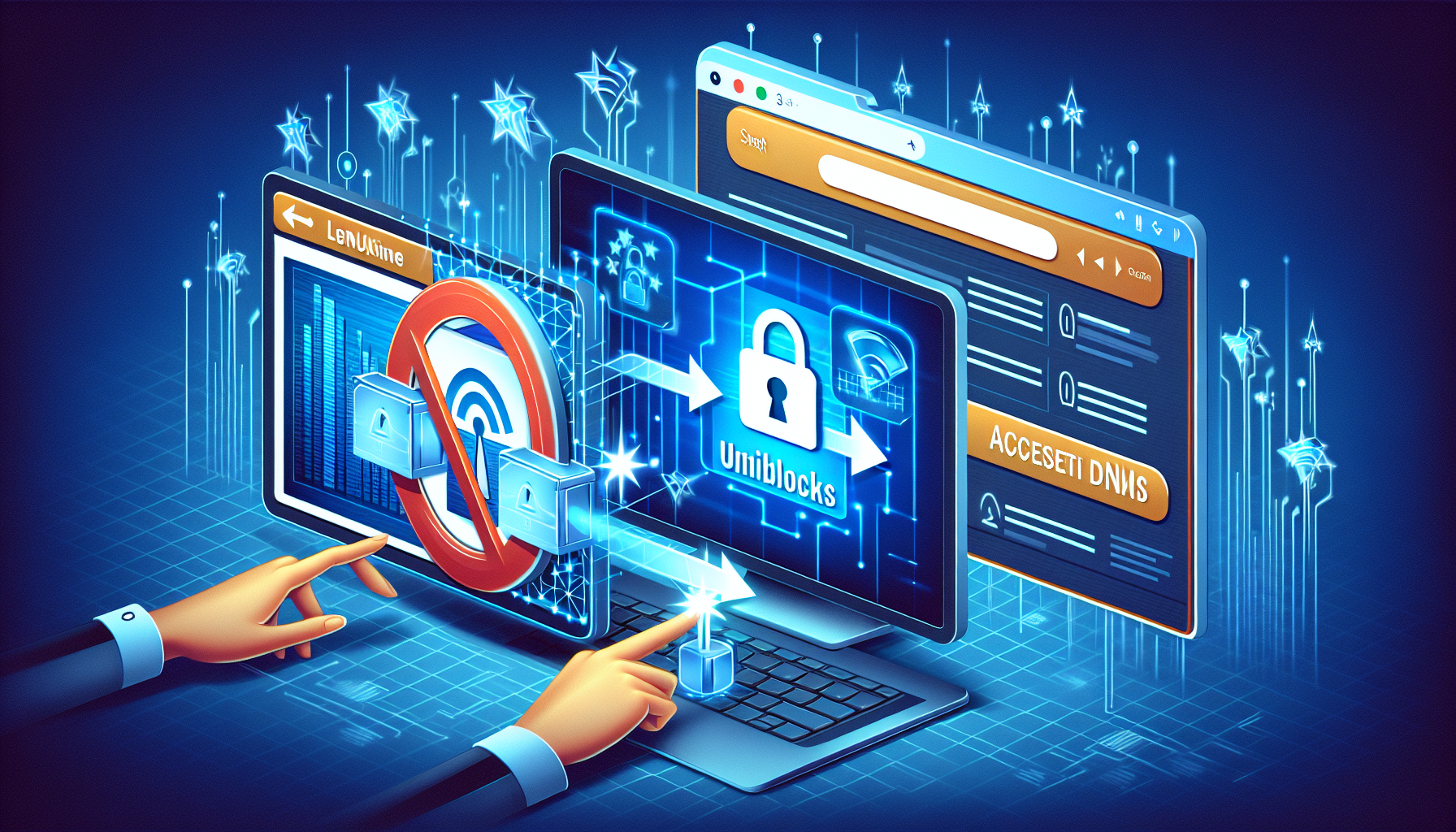 An illustration of a network security concept: Showing a step-by-step process of how to unblock a generic online media streaming service using SmartDNS. Present a digital screen showing a locked icon originally, which smoothly transitions into an unlocked, accessible screen after the process. The artwork style should be digital and modern.