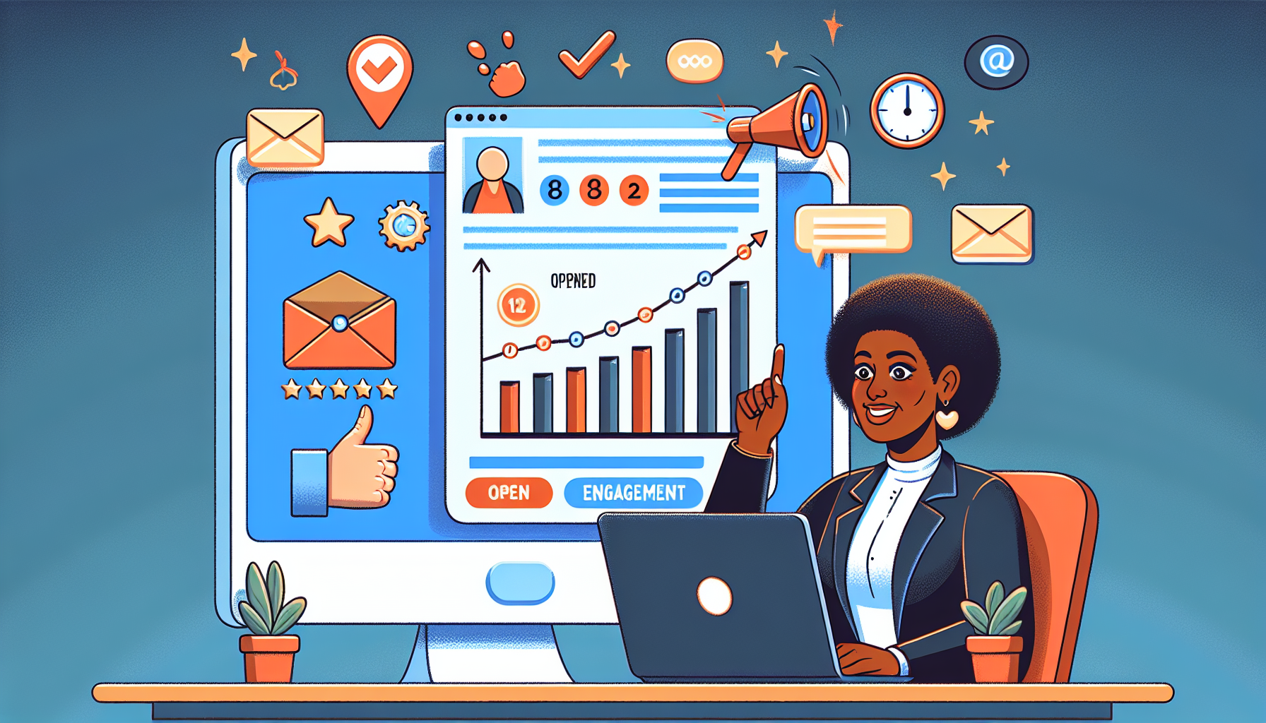 An illustration reflecting the integration of gamification techniques into email marketing as a strategy to increase engagement. Picture an open email on a computer screen, exhibiting game-like features such as progress bars, badges, leaderboards, and rewards. Nearby, a delighted user - a Black, female marketing professional - is observing the performance metrics on her device, visibly satisfied with the increasing engagement rates. Perhaps, even, a few floating symbols of opened emails, thumbs-ups, and high-five hands in the air to symbolize interaction and user participation.