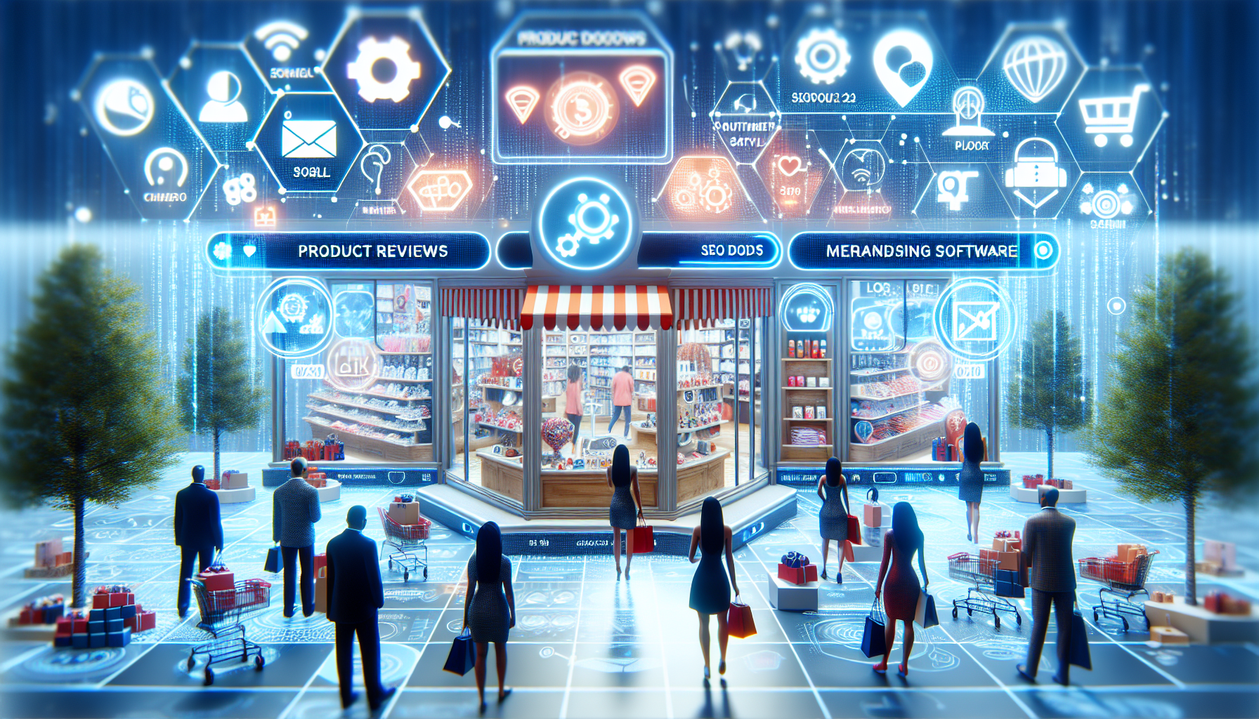 A highly organized and optimized virtual e-commerce store. The digital landscape should be filled with a variety of tools that help optimize the retail environment, like widgets for product reviews, merchandising software, customer service bots and SEO plugins. Display some of these tools as icons or holographic displays across the store