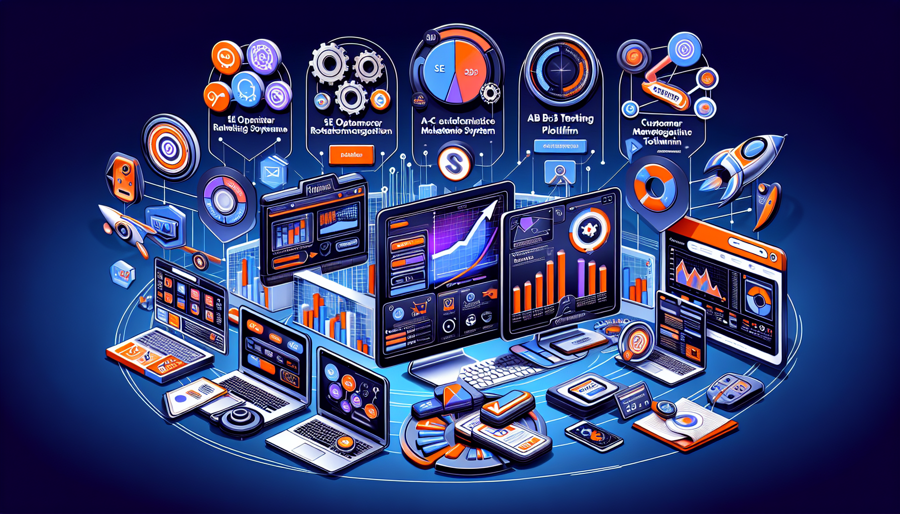 An illustrative display of top e-commerce optimization tools designed for boosting sales. On this digital visualization, different tools, such as a SEO optimizer, A/B testing software, customer relationship management system, email marketing platform, and data analytics tool, are shown with impressive user interfaces. Each tool is distinctly color-coded and labeled with its key functions. Also included in this image are graphs and charts, symbolizing their effectiveness in increasing online sales.
