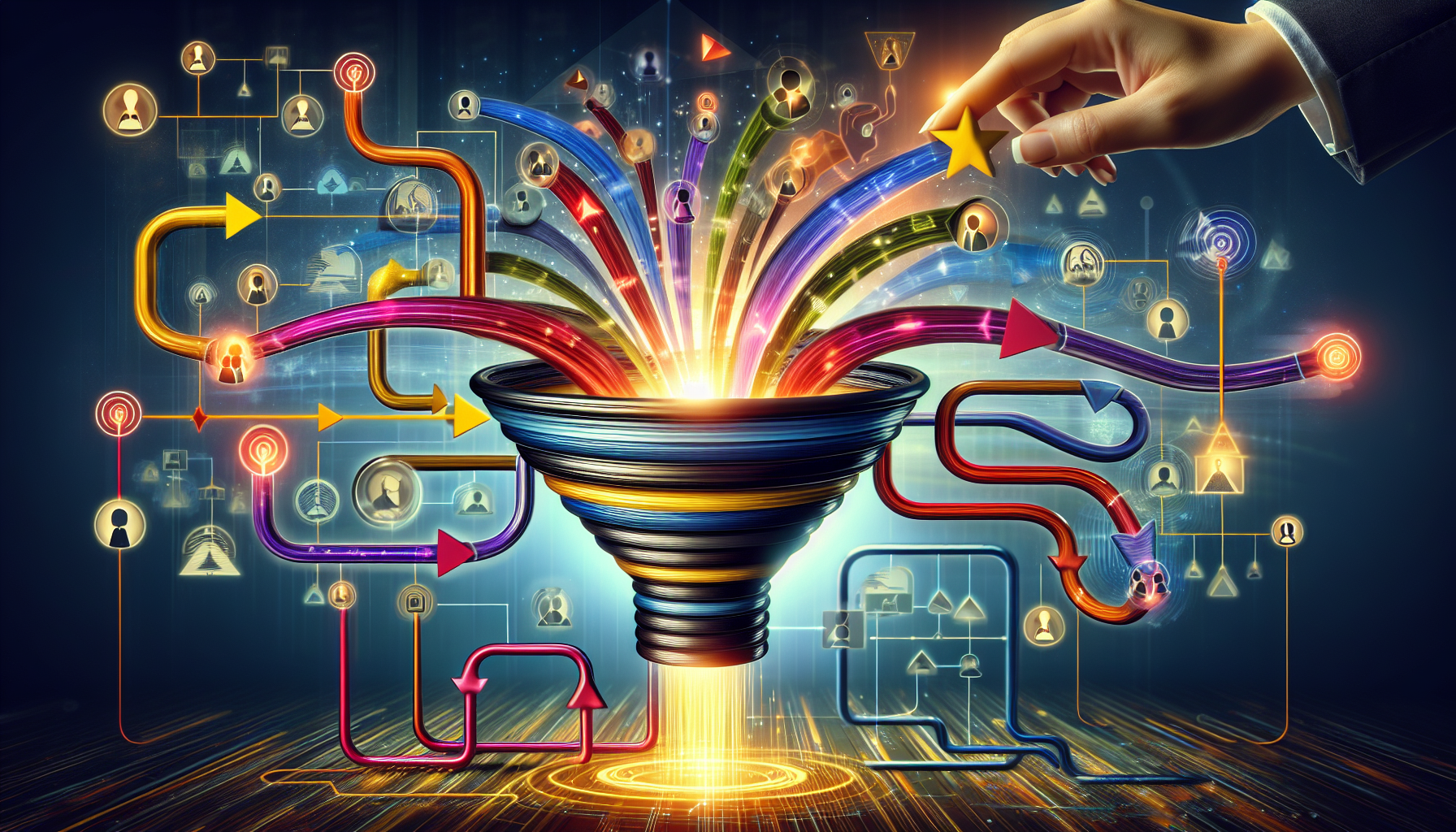 Create an image portraying the concept of enhancing lead nurturing in a business setting using Customer Relationship Management (CRM) tools. Display a visually engaging scene where multiple abstract representations interact within a digital platform: signals and colored lines diversifying into multiple paths that represent customer interactions and transactions. Also, depict elements symbolic of nurturing, like gentle hands directing these lines into a funnel. The end of the funnel opens into a golden pool, signifying the conversion of leads into profitable customer relationships.