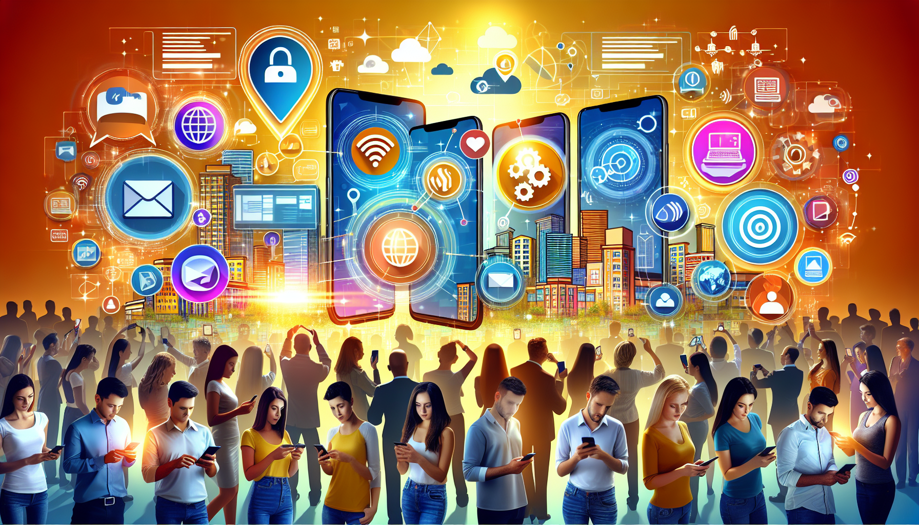 Illustration of diverse group of people using mobile devices applied with innovative marketing techniques. Include solutions such as social media advertising, geo-targeting and push notifications, represented as vibrant, digital icons hovering above the screens. Also show a background of various types of business buildings, symbolising varying business sectors benefitted by these marketing solutions. The warm colours should suggest a positive impact of these mobile marketing strategies on businesses. Avoid including any specific logos or brand names.