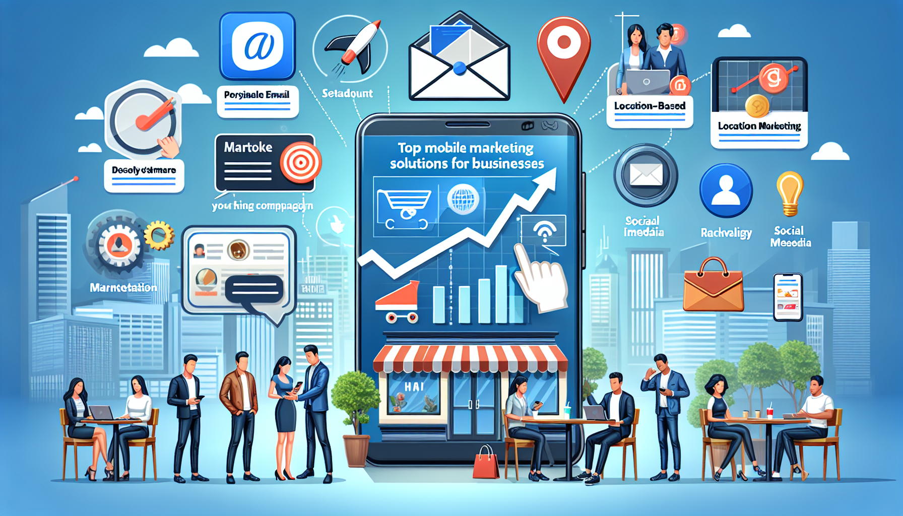 An illustrative representation showing an array of top mobile marketing solutions for businesses. This could include a smartphone displaying a personalized email campaign, a location-based marketing alert, and a social media advertisement. Adjacent to the smartphone, indicate a rising graph to show business growth. Also, include different types of businesses such as a restaurant, an apparel shop, and a technology startup in the background, implying the businesses using these solutions. In the foreground include a multicultural team of male and female marketers discussing and analyzing these strategies.