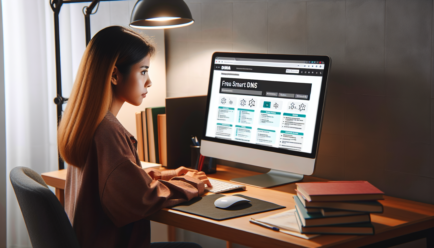 Image of a person sitting at a computer. The person is South Asian and female. She is doing research online about free Smart DNS services. Her screen shows a webpage with various free Smart DNS options and their comparative analysis. The room is lit by a desk lamp, and there are a few books about networking and DNS on the table next to her.