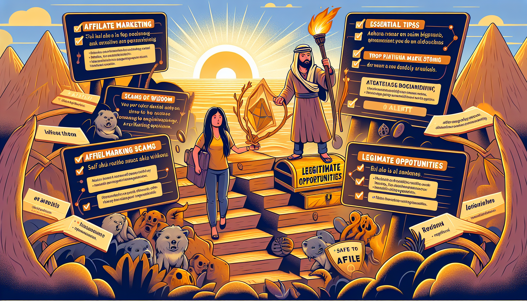 An illustrative guide detailing essential tips to avoid affiliate marketing scams. Image shows a mix of infographics and text explanations. Two individuals, a Middle-Eastern man and an East-Asian woman, are depicted navigating the perilous landscape of scam marketing options, avoiding pitfalls symbolically represented as dangerous animals. They carry a torch of wisdom and a shield of alertness, emphasizing vigilance. One corner shows a checklist of key precautions one should take, while another area has a golden 