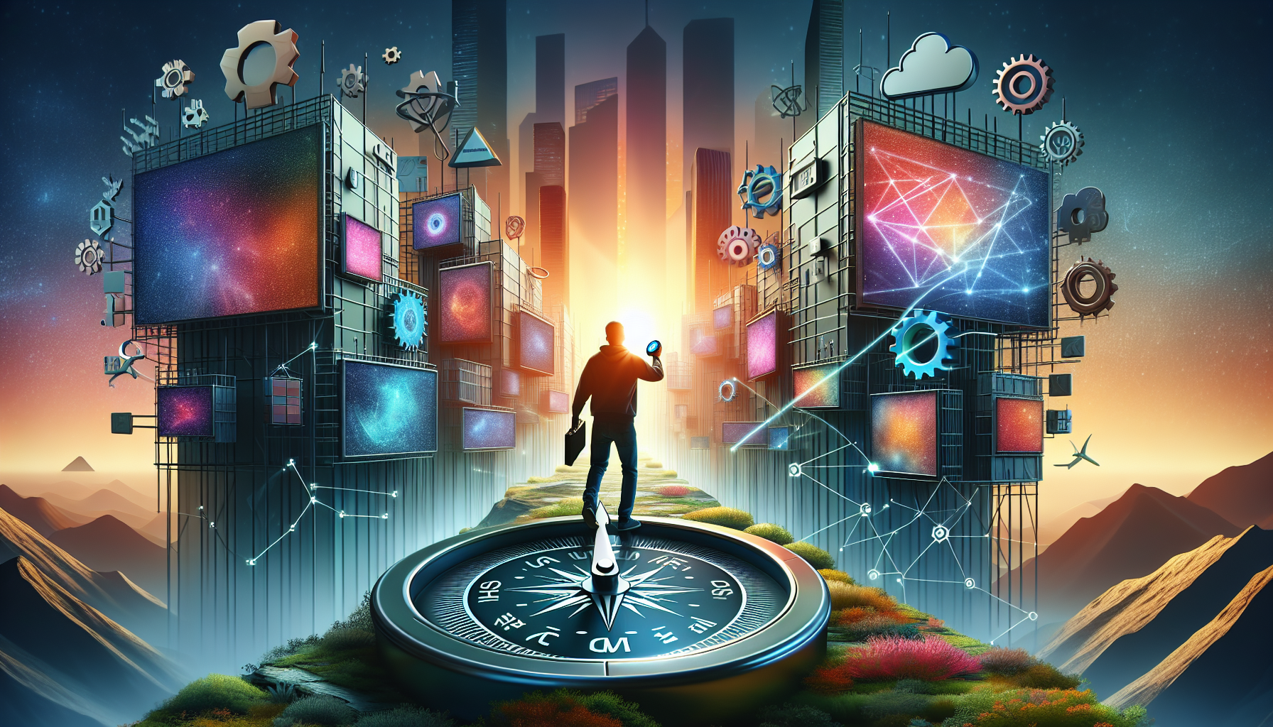 Depict a metaphorical representation of exploring top programmatic advertising platforms. Illustrate a person with a digital compass in hand, navigating through a mysterious jungle of towering billboards, each displaying vibrant digital ads. All around, there are symbols of different platforms like cogwheels, clouds, or geometric shapes, suggesting their functions. In the distant background, showcase a rising sun, symbolizing the potential and growth in this field. Remember, the person could be of any descent, using this tool to uncover new opportunities in the world of programmatic advertising.