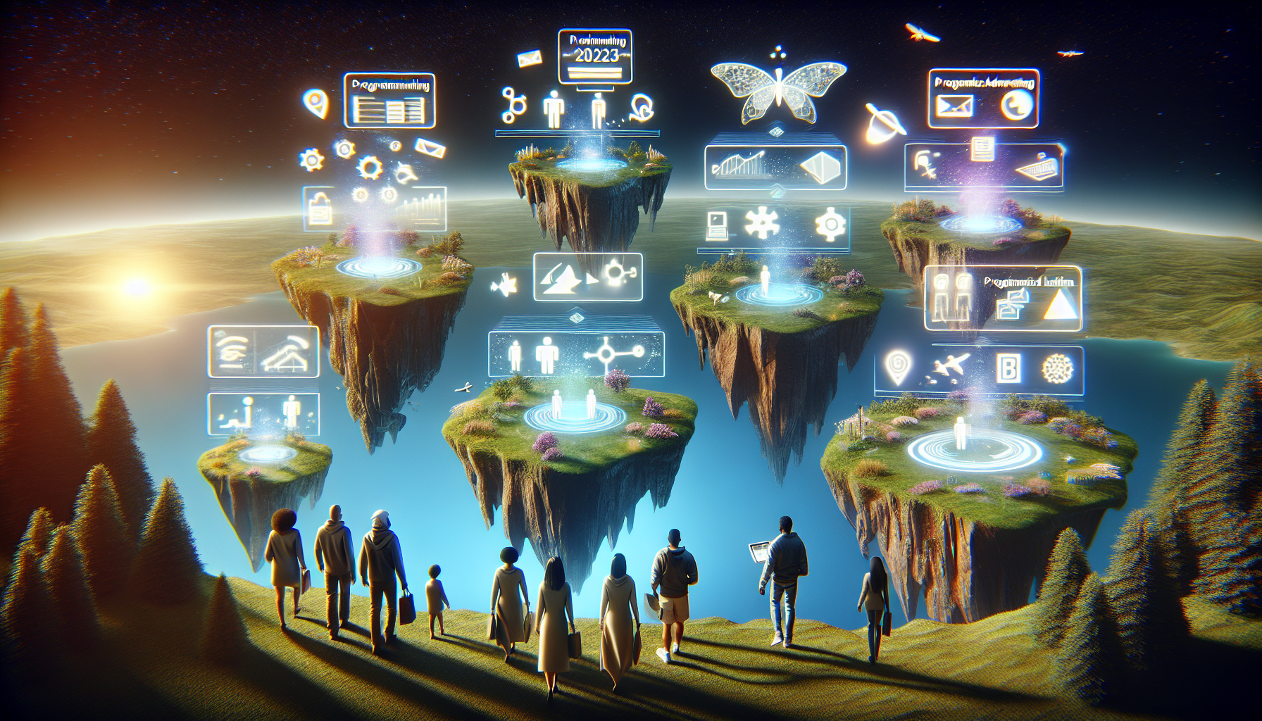 Depiction of an exploration journey through different symbolic representations of programmatic advertising platforms set in the future year of 2023. Each platform is visualized as a floating island or biome, with elements that represent its key features and benefits. Guides, a group of people of various descents, including a Caucasian man, a South Asian woman, a Middle-Eastern woman, and a Black man, are navigating through these islands on a holographic interface. The technology used is advanced and futuristic, emitting a glow indicating the progressiveness of the year 2023.