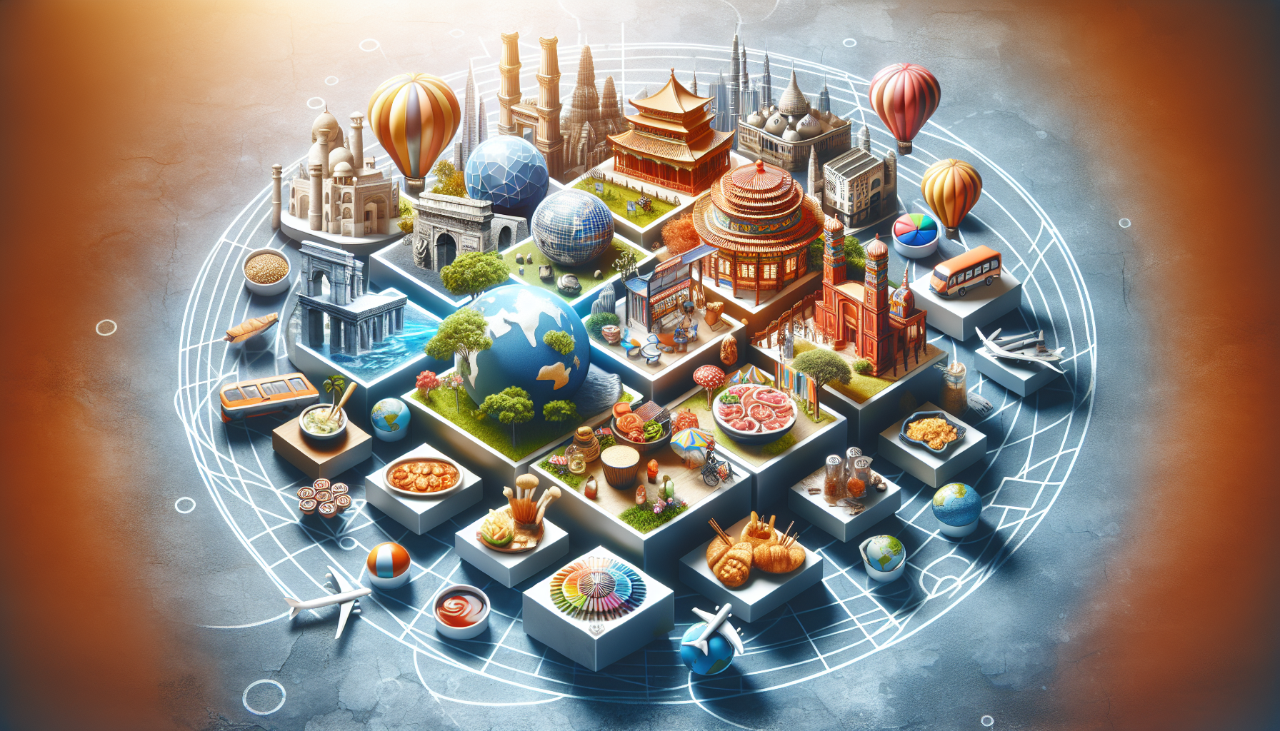 A conceptual image showing some top travel destinations for the year 2024. It could include elements such as popular landmarks, local attractions, street food, cultural performances, natural beauty, etc. from around the globe. Each element is shown in a separate box or sphere, indicating the separate locations. The details should be vibrant, inviting, and indicative of the location’s unique appeal.