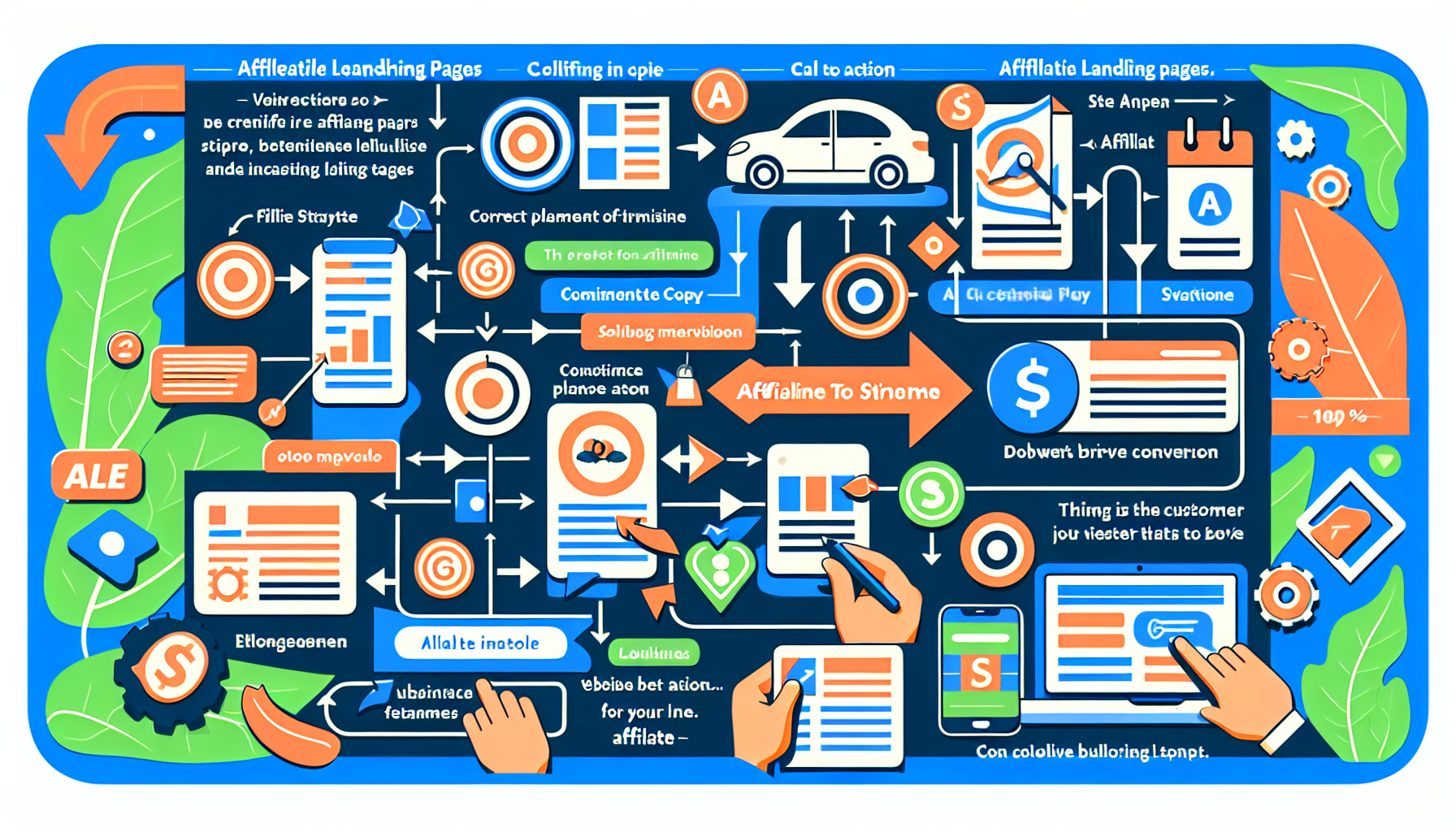 Generate an informational image showcasing the key strategies for creating successful affiliate landing pages. The image can include elements such as an effective call to action, correct placement of affiliate links, and the importance of compelling copy. It should also have illustrations outlining webpage layout, customer journey from visitor to buyer, and color schemes that drive conversion. The image should be depicted in a diagram or graphic format for easy visual understanding.