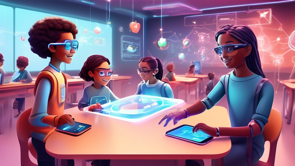 Create a digital illustration of a futuristic classroom setting where students are using their Apple Watches to control holographic interfaces, showcasing various tips and tricks, with a friendly robot teacher guiding them.