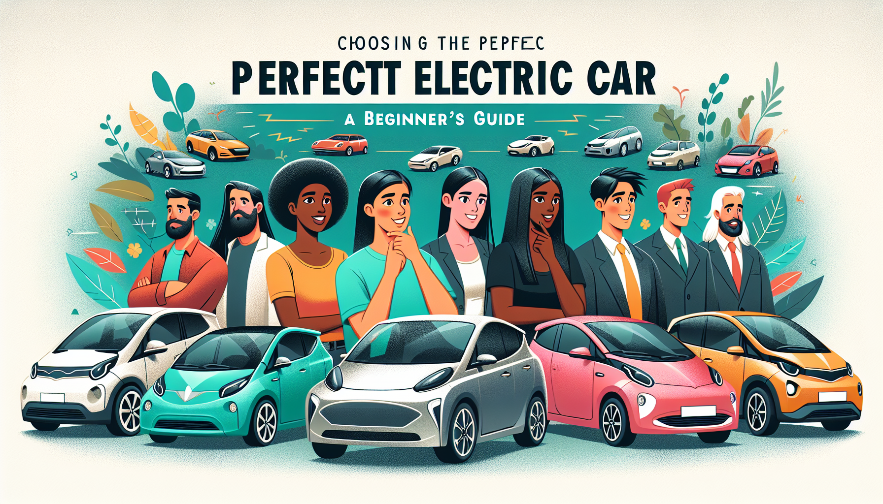 An engaging, informative and educational guide for newcomers to the world of electric cars. Visualize this as an illustrated book cover image. At the center, there is a diverse group of people; with a Caucasian man, a Black woman, a Hispanic man, and an Asian woman, all enthusiastic and intrigued, looking at a selection of modern, eco-friendly electric cars in various models and colors. The distinct characteristics of the vehicles underline innovation and sustainability. The title 