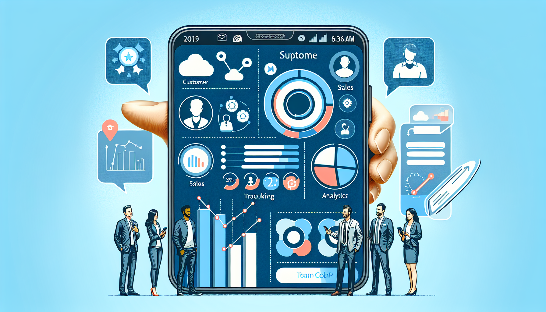 Create a detailed representation of the top features of Mobile Customer Relationship Management (CRM) systems. Display the following: a user-friendly mobile app interface with labeled sections for customer data, sales tracking, analytics, and customer support. Next to the smartphone, include an illustration of charts and graphs, symbolizing performance metrics and analytics. Also, display a multi-ethnic group of professionals, a Caucasian woman and a South Asian man, looking at the mobile CRM system displayed on the phone, suggesting team collaboration.
