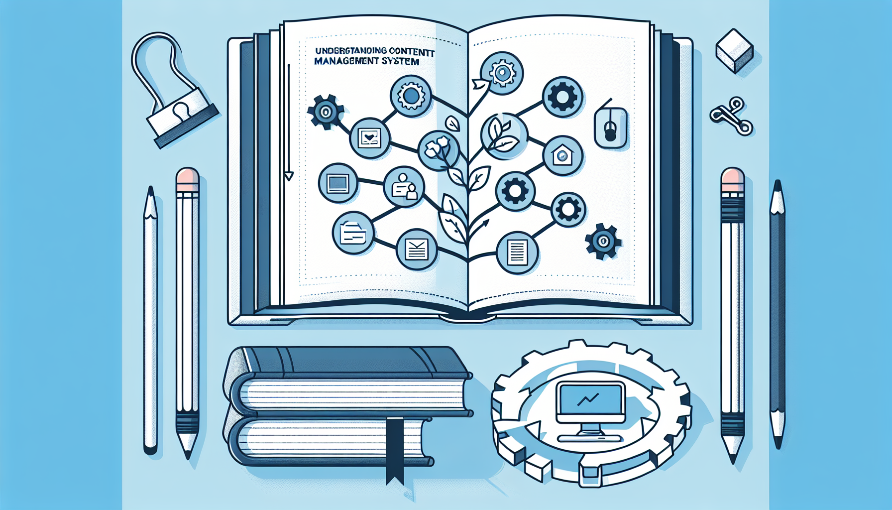 Design an educational illustration that visualizes the concept of Content Management Systems. There should be a hardcover book opened in the middle, titled 