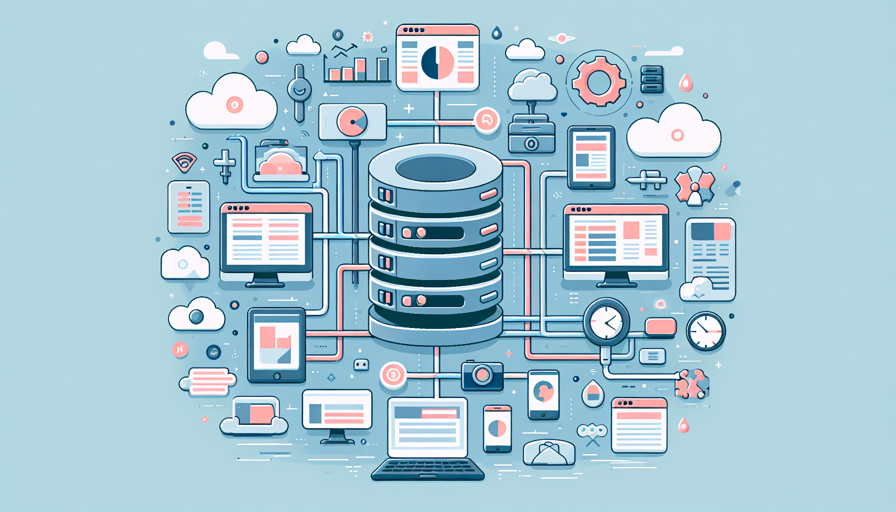 Visualize an information graphics that brings to life the concept of a Content Management System (CMS). There should be a large, centrally-located computer server depicted as the heart of the system, with various data streams flowing into and out of it. These streams symbolically represent different types of content such as text, images, videos, and multimedia. Also, illustrate aspects such as user management, theme customization, plugin installation, and search engine optimization. Use soft pastel colors and flat design style to keep the image clean and easy to understand.