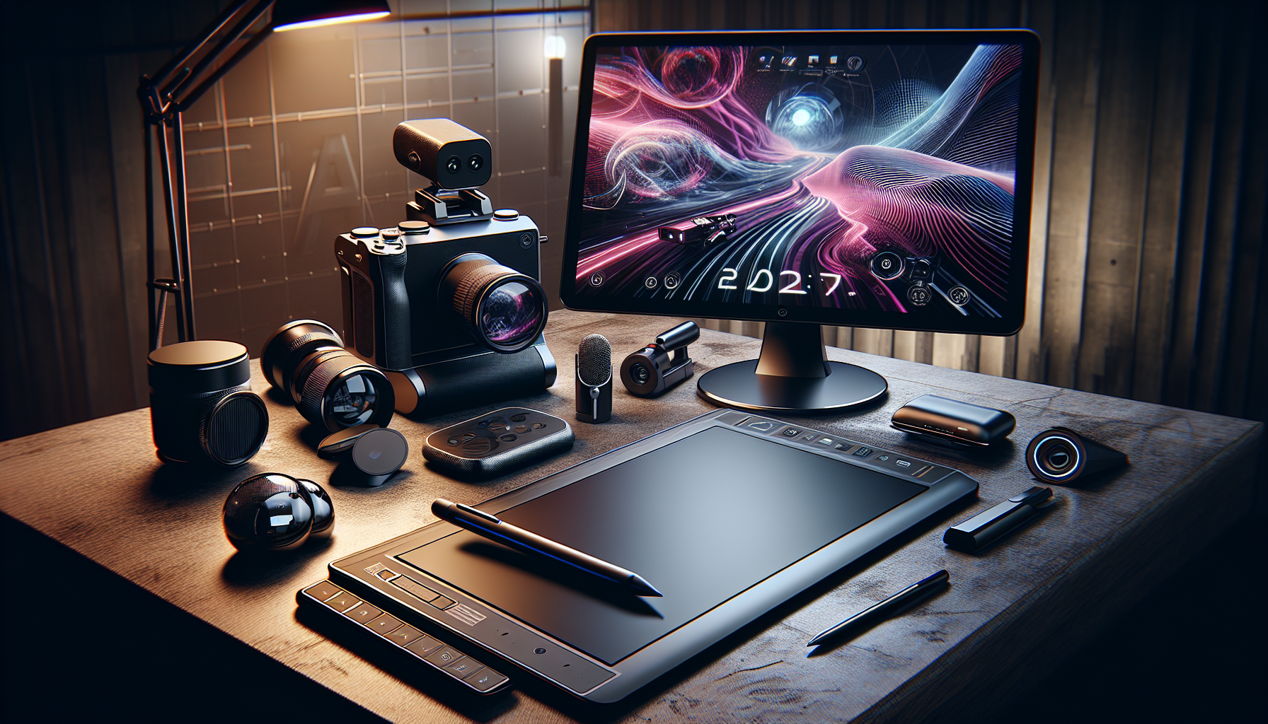 A collection of the most popular content creation tools predicted for the year 2023. This includes a futuristic digital stylus, a sleek touchscreen drawing tablet, a high-resolution monitor with a built-in assistive content creation software, a next-generations DLSR camera, and an advanced microphone with noise cancellation technology. All tools laying on a contemporary work desk with a dimly lit room as a background.