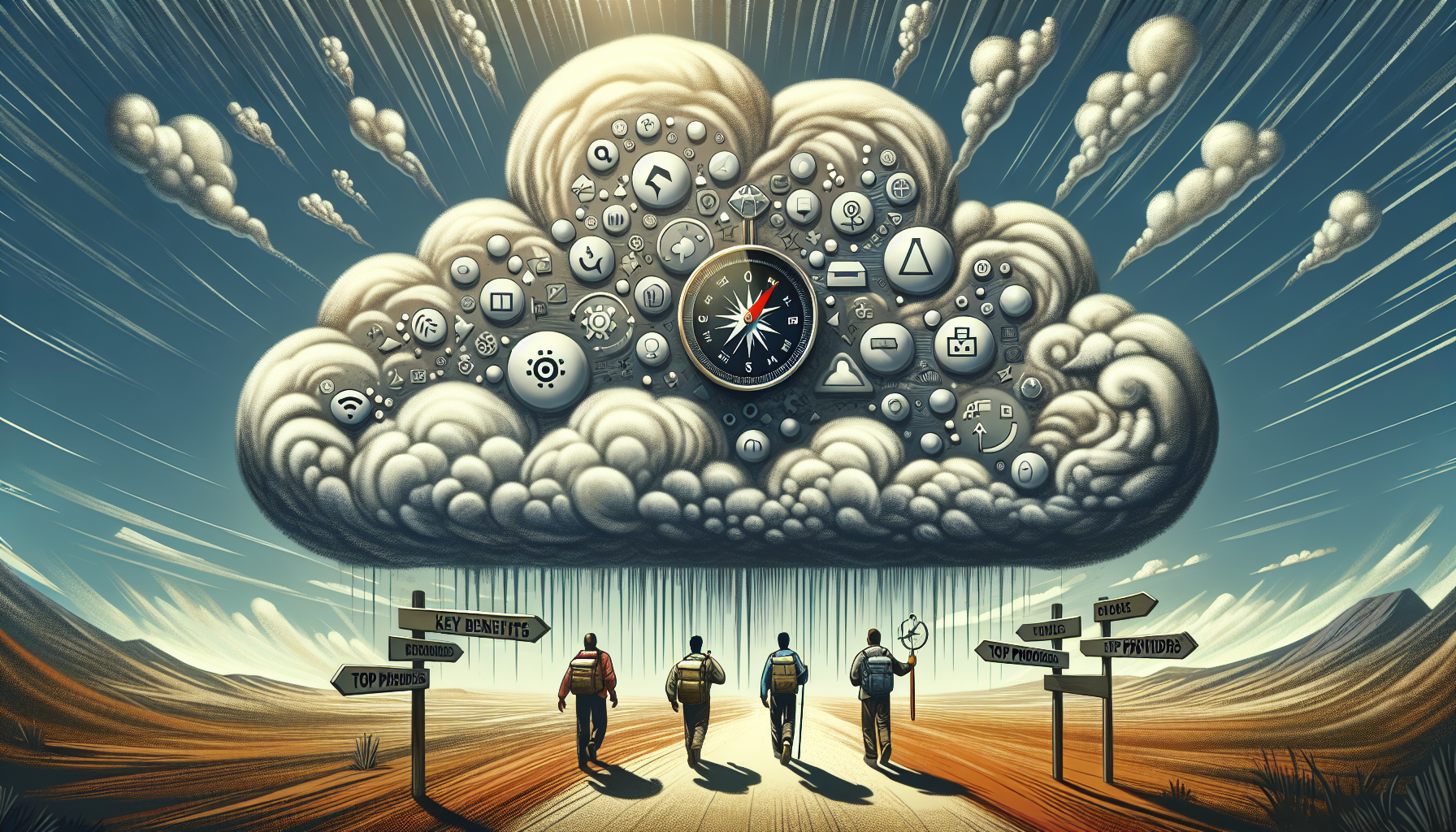 An abstract concept depicted as an illustration, showing a group of explorers each holding a compass and navigating towards an enormous cloud formation. This cloud is unusual as it