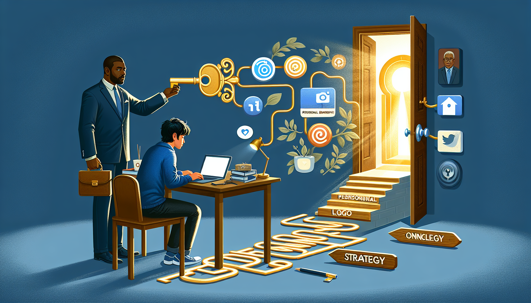An illustrative depiction of the process of personal branding. The scene begins with a young South Asian male working at his desk, surrounded by personal branding elements like a logo, a personalized website, social media icons, etc. An African male consultant, holding a key labeled 
