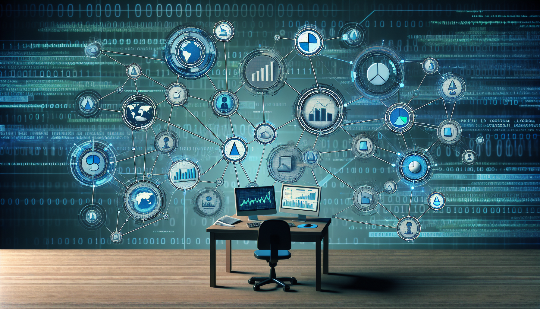 A visual representation of the concept of affiliate marketing networks catered primarily for beginners. There are multiple nodes connected by various lines, symbolizing the various affiliates in the network. Some nodes are larger, indicating the major players in the network. Each node can be represented as a desk with a computer displaying charts and graphs, embodying the constant monitoring and analysis involved. The general backdrop takes on a digital cyberspace with binary codes running through. Add a muted color palette of blues and greens for a professional aesthetic.