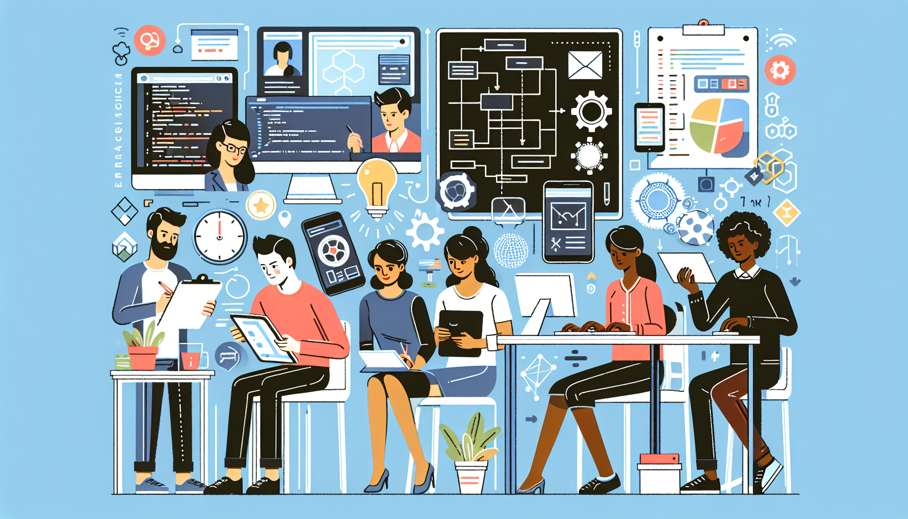 Create a detailed image related to the essentials of mobile app development. The image should include a diverse array of gender and ethnic backgrounds, showing different components connected to app development. It can include a Caucasian man sitting at a desk typing code on a computer, a South Asian woman brainstorming ideas on a whiteboard, a Black woman analysing data on a tablet, and a Middle-Eastern man designing an app interface on a digital drawing tablet. Include additional elements like flow diagrams, code snippets, and app prototypes to denote the diverse aspects of app development.