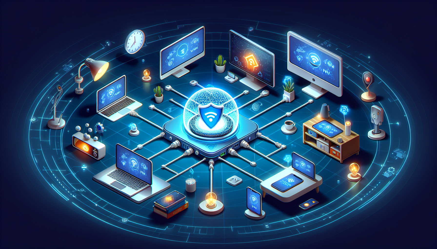 An illustration showcasing the benefits of using a Smart DNS service. A gadget-filled room with different devices like a laptop, a smartphone, a smart TV etc, all connected through a centralized hub symbolizing the Smart DNS. This hub also sends out a strong protection shield represented by a glowing sphere, representing the security benefits offered. Additionally, a generic VPN logo, not associated with any specific brand, hovers in the scene, symbolizing the enhanced privacy provided by using a VPN. The scene conveys a secure and efficient networking environment.