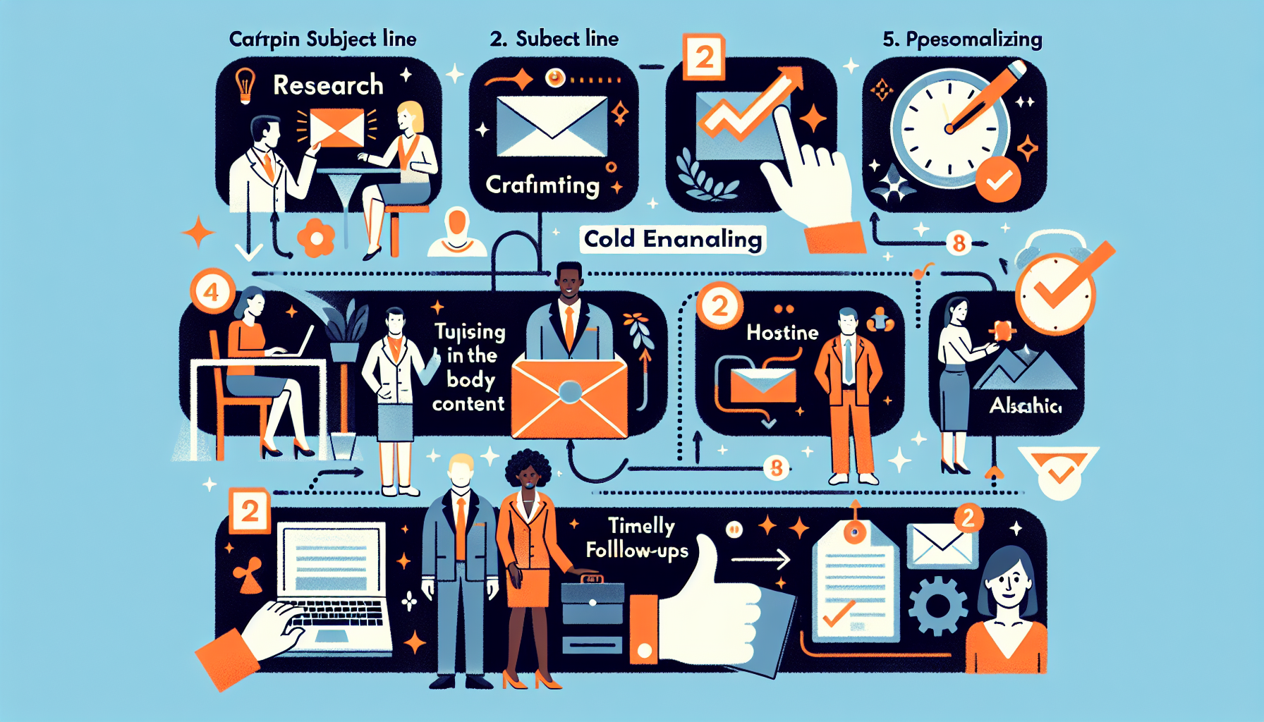 An illustrative breakdown of effective cold emailing techniques for success. Depict various stages of the process: research, crafting the subject line, personalizing the body content, and timely follow-ups. Include visual representations of an opened laptop, emails being sent and received, a clock indicating time, and positivity symbols like a thumbs-up or a tick mark. Also, show diverse groups of professionals (both men and women, of various descents such as Black, White, Hispanic, and Asian) using those techniques effectively to reach their goals.