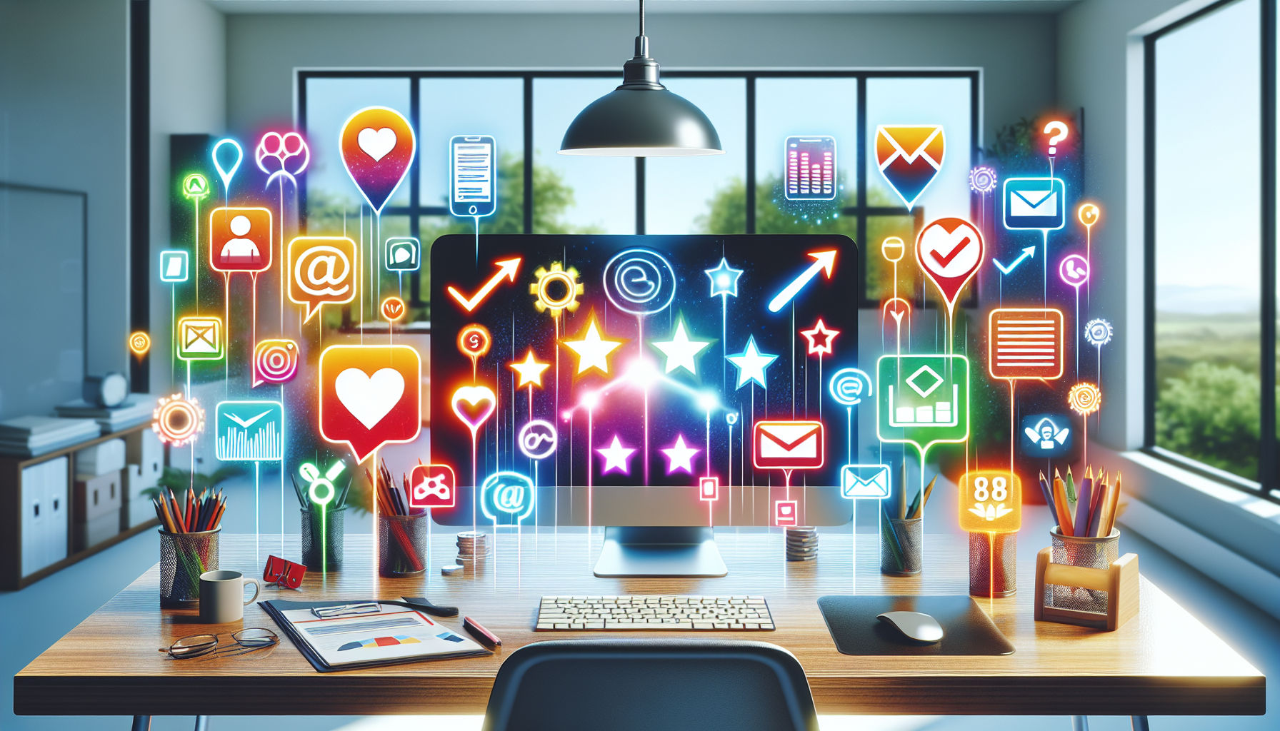 A diverse assortment of top consumer feedback tools useful for businesses. Include an array of different tools such as customer review platforms, survey tools, social media monitoring tools, and email marketing software. Illustrate these digital tools on a modern office desk with a high-tech computer setup, highlighted with vibrant colors that symbolize the variety of tools. Also, represent the incorporation of these tools for enhancing customer satisfaction and driving business growth. The setting is in a light-filled room with minimalistic aesthetics.