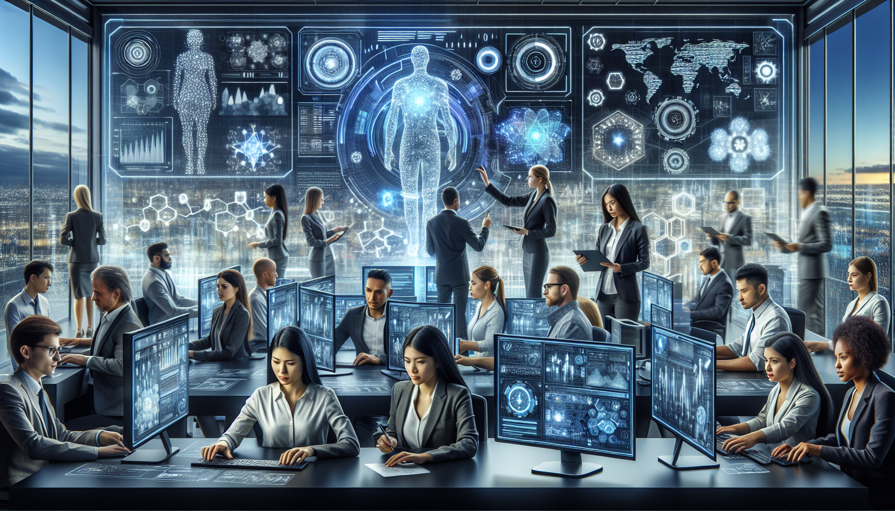 Depiction of a futuristic command center, exhibiting clear integration of artificial intelligence into customer relationship management systems. Imagine a team of professionals varied in gender and descent. Caucasian and South Asian women are working on advanced holographic interfaces, while a Hispanic man and a Black woman analyze machine learning algorithms on screens. Middle-Eastern individuals adjust data patterns. Overall scenario is full of digital screens, graphs, flowcharts, and complex equations floating in air.