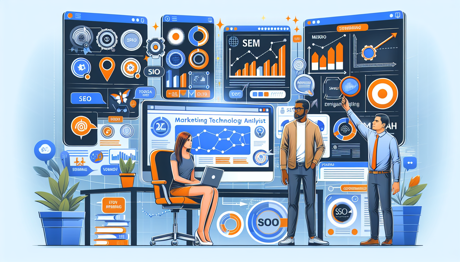 An informative illustration showcasing the role of a Marketing Technology Analyst. The image should depict a Caucasian female and a Hispanic male analyst working together in a contemporary digital marketing arena. They must be shown analyzing data on large computer screens with various graphs, metrics, and digital marketing tools displayed. Also, include elements relevant to their work such as SEO symbols, social media logos, and performance charts. Further, they are communicating and brainstorming ideas, symbolizing teamwork, and collaboration. To emphasize their role, illustrate highlighting pointers and captions.